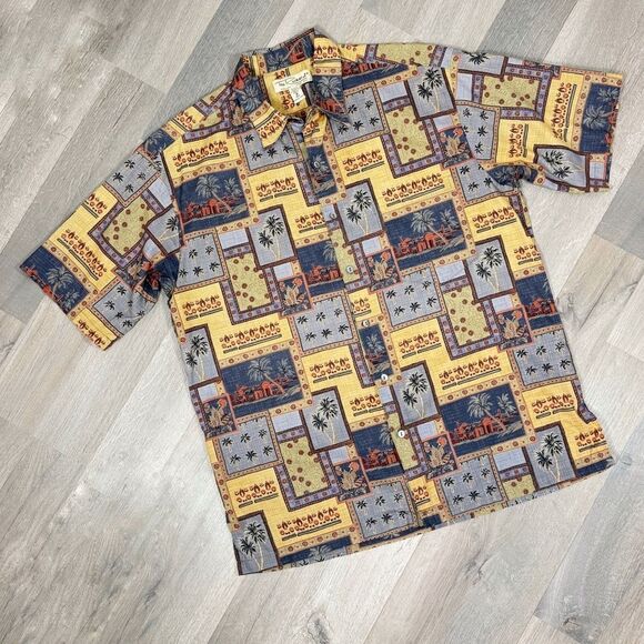 Tori Richard Desert Tropical Print Camp Hawaiian Shirt Yellow Blue Medium - Picture 6 of 10